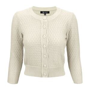 YEMAK Women Crewneck Button 3/4 Sleeve Cropped Cardigan Sweater Oatmeal Cream L